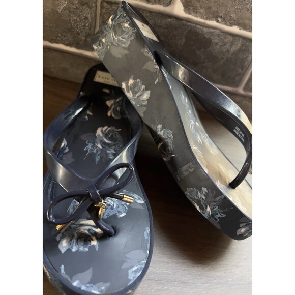 Kate Spade Blue Floral Wedge Sandals Size 9 Thong Summer Beach Party - Picture 15 of 16